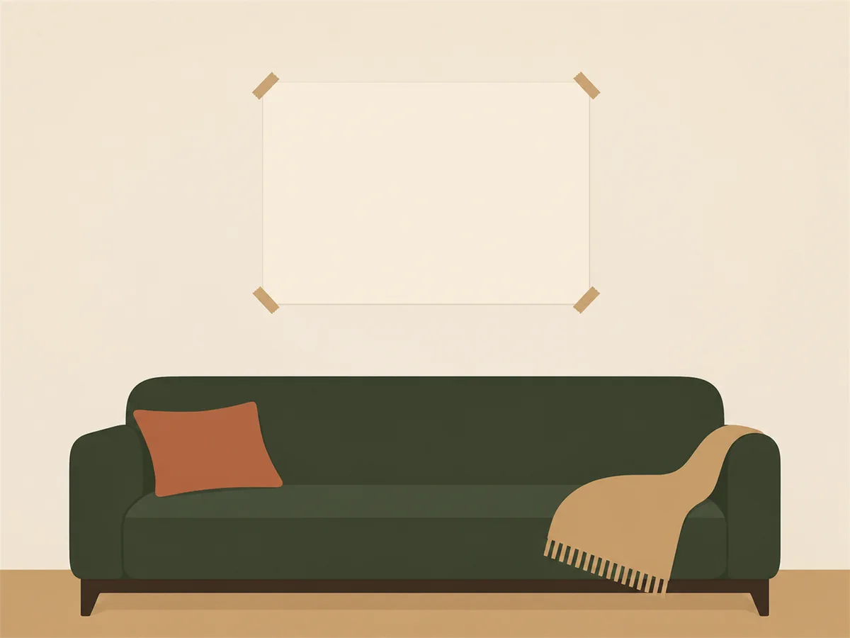 Paper rectangle taped above a green sofa to test artwork size on a wall